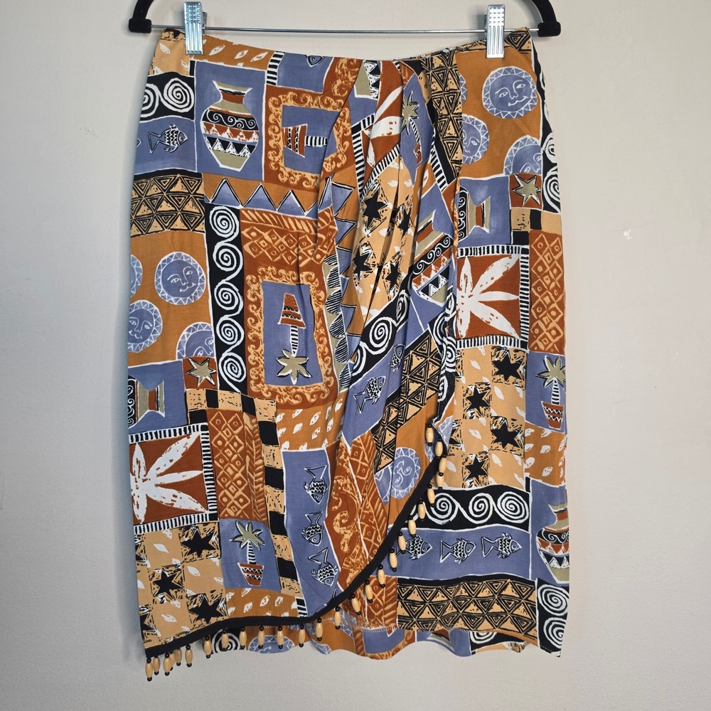 VTG A.C Sport Skirt Women 10 Sun Fish Wrap Midi Novelty Print Beaded Vacay Beach